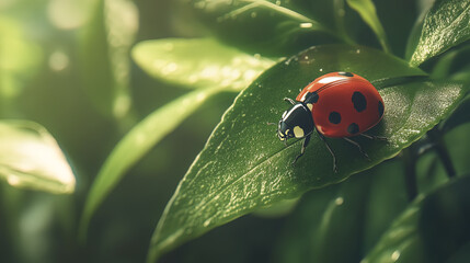 Obraz premium tiny red ladybug on bright green leaf, showcasing nature beauty