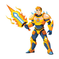 A flat style illustration of flaming swordsman 

