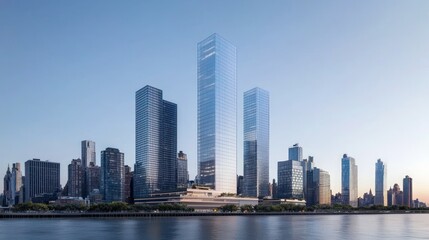 Obraz premium Modern skyscrapers reflecting in water at sunset.
