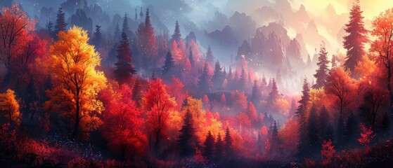 Vibrant Autumn Forest Landscape 8K Ultra HD Misty Mountains Red and Gold Trees