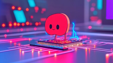 Cute Cartoon Character on Futuristic Circuit Board Technology Concept AI Digital Art