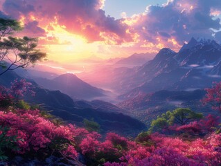 Majestic Sunrise Mountain Landscape with Blooming Flowers
