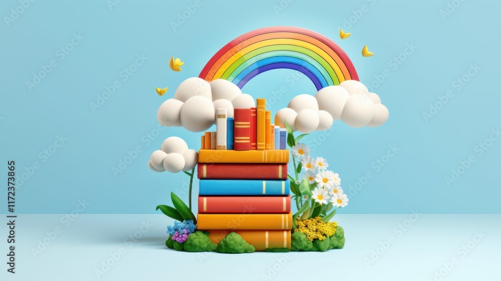 Poster joyful stack of books in a whimsical spring setting with rainbow and clouds, promoting reading and i