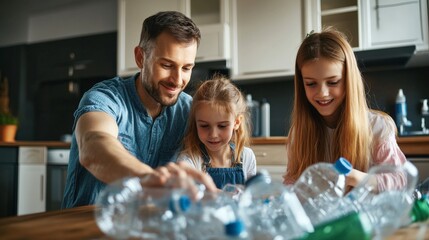 Caucasian father and daughters recycling plastic bottles in kitchen