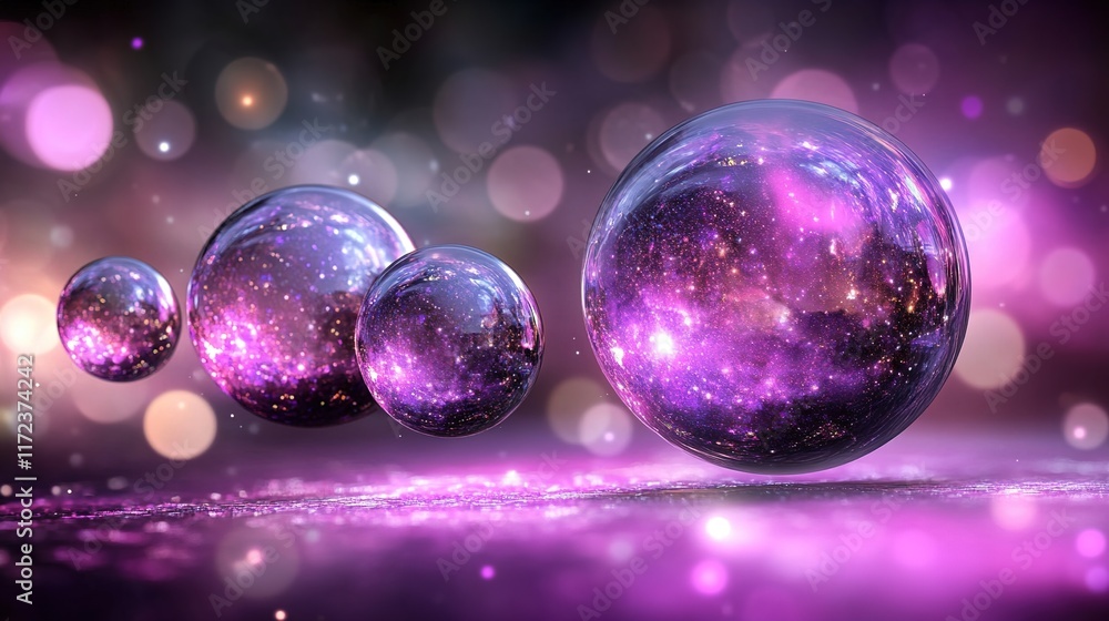 Poster colorful space bubbles in abstract background with sparkling light