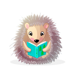 vector funny hedgehog animal kids studying reading book illustration. Children education and reading items, schooling cartoon object illustration. Hand drown Baby graphics concept. Story time. 