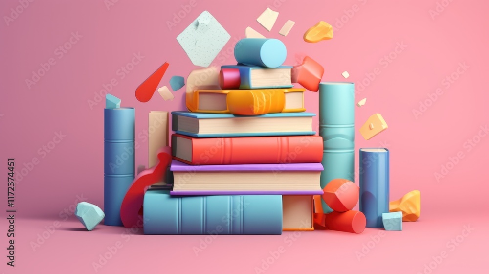 Poster colorful stack of books in 3d render: a vibrant library display with floating fragments