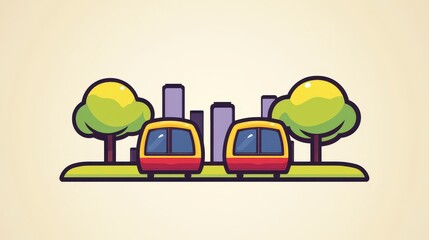 Cityscape Illustration Two Trains Parked Near Green Trees and Buildings