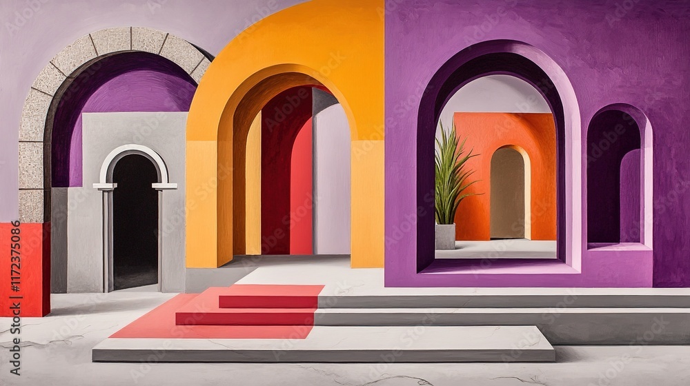 Poster vibrant abstract architecture with arches and colorful walls