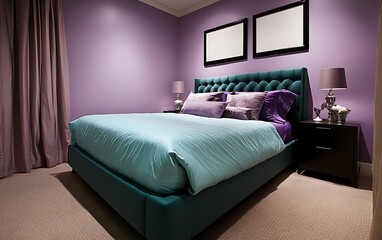 Teal bed in purple bedroom, interior design.