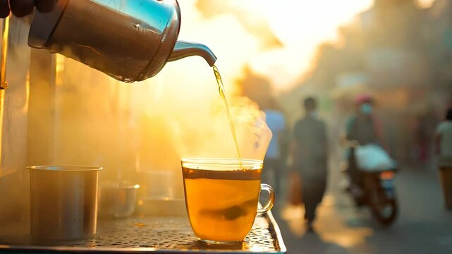 A vibrant and atmospheric shot of a street vendor pouring steaming hot chai into a glass, set against the warm glow of a bustling street. The rising steam and soft light capture the essence