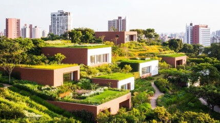 Fototapeta premium Eco Friendly Modern Homes with Lush Green Roofs and City Skyline View