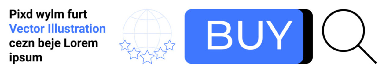 Blue buy button, magnifying glass search icon, placeholder text, stars circling globe. Ideal for online shopping, e-commerce, UX design, web development, marketing materials, digital interfaces