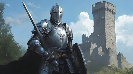 Naklejka premium cartoon knight with a beautiful and majestic kingdom