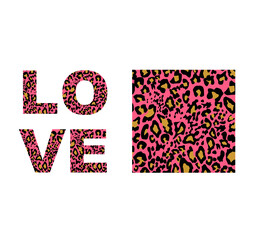 Fashion design with jaguar, leopard, cheetah, panther animal skin seamless pattern on pink background and love word.eps