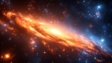 Fototapeta premium Fiery orange and blue spiral galaxy in deep space.