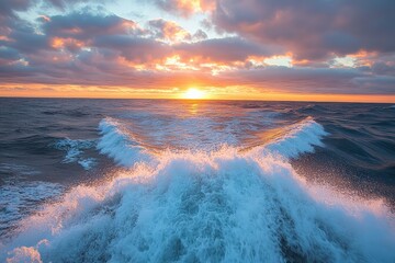 Naklejka premium Dramatic closeup of breaking wave at sunset ocean nature photography coastal environment dynamic viewpoint serenity concept