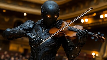 humanoid robot playing the violin in a dimly lit concert hall