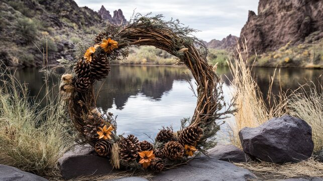 Rustic wreath made from grapevine branches, decorated with pinecones and dried flowers