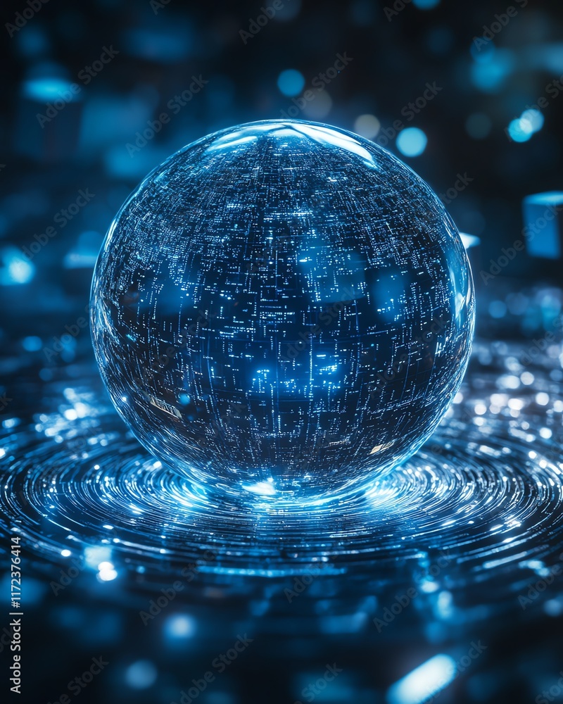 Poster vibrant blue glass globe with a smooth white background, surrounded by small cubes and flowing lines