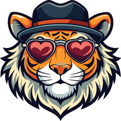 Obraz premium A beautiful tiger head with hat and love shape sunglasses illustration 