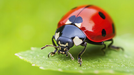 Close up of ladybug on leaf in grassy field, showcasing its vibrant colors