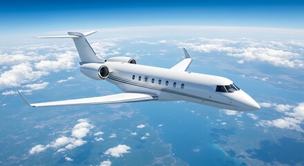Obraz premium Realistic photo of White Luxury generic design private jet flying over the earth. Empty blue sky with white clouds at background. Business Travel Concept. Horizontal. 3d rendering 
