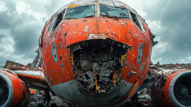 Rusted airplane fuselage in a junkyard.