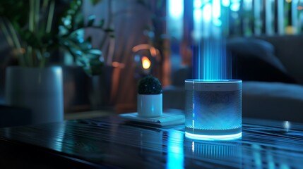 A glowing holographic AI assistant interface projected from a white smart speaker