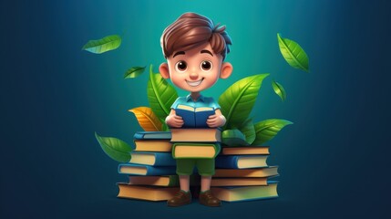 Adorable Cartoon Boy Reading a Book Surrounded by Nature, Promoting Literacy and Education for Children