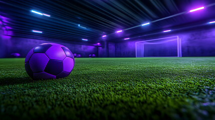 A soccer court in a large space with a ball next to a goal that is clearly marked. Modern lighting enhances the scene, perfect for sports promotions, team events, or training visuals