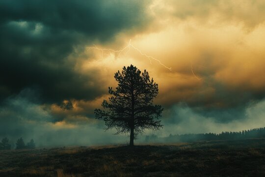 Lone Tree Stands Against Dramatic Stormy Sky