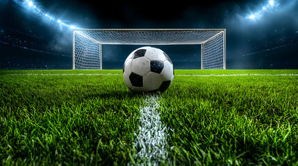 A soccer court in a large space with a ball next to a goal that is clearly marked. Modern lighting enhances the scene, perfect for sports promotions, team events, or training visuals
