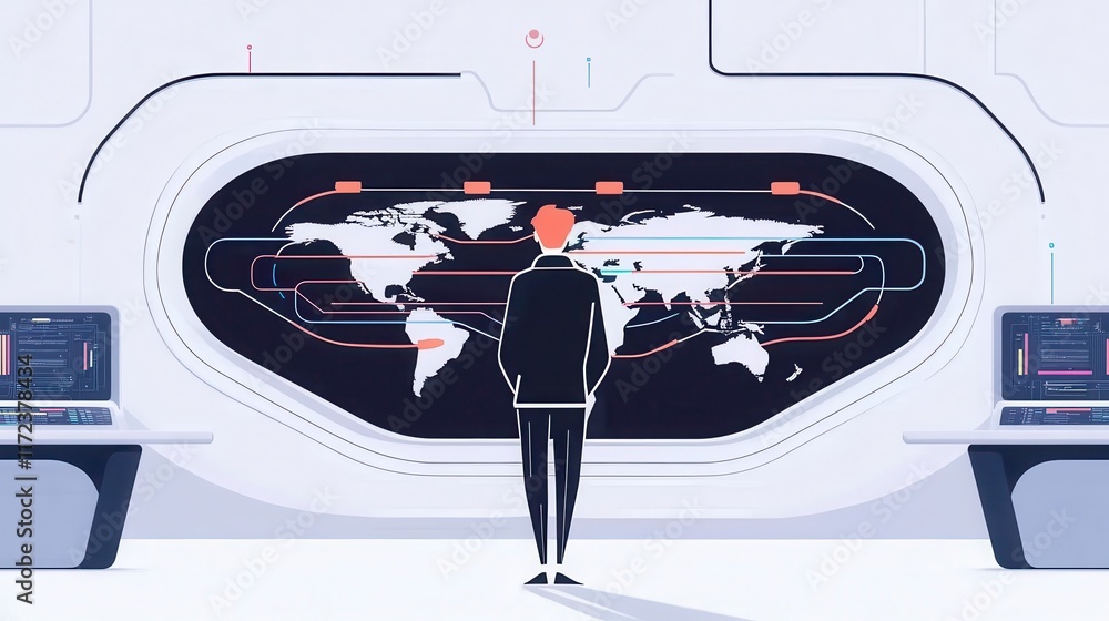Poster Global Network Visualization Man Observing World Map Data Streams and Connections on Futuristic