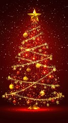 Glowing gold and red Christmas tree with ornaments and star on dark red background.