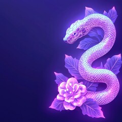 Fototapeta premium Chinese new year (Snake year) background. Vibrant purple snake entwined with a blooming flower against a dark background.