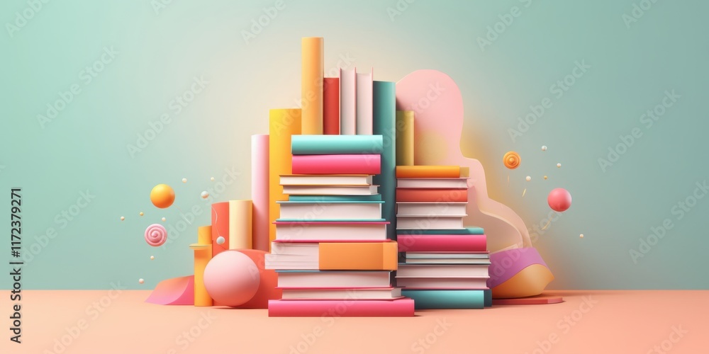 Aufkleber a colorful stack of books surrounded by pastel shapes and floating candies: a delightful 3d render o
