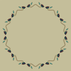 Round floral frame with ancient Egyptian ethnic motifs. Circular border with blooming lotus flowers.