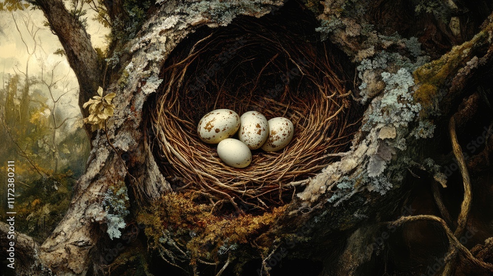 Poster nest with speckled eggs resting in a tree surrounded by lush foliage and textured bark in a serene n