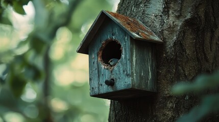 Rustic birdhouse perched on a tree trunk surrounded by greenery in a serene woodland environment
