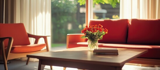 Cozy living room with wooden table and red sofa creating a tranquil lifestyle ambiance with natural light and floral decor