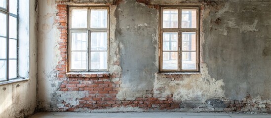 Fototapeta premium Rustic gray room with vintage design showcasing exposed brick walls and large windows for an industrial atmosphere