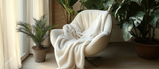 Cozy minimalist interior with a soft blanket draped chair and lush houseplant creating a tranquil living space atmosphere