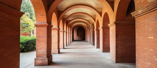 Naklejka premium Architectural decay of an old estate showcasing arched red brick passages in a beautifully detailed perspective composition
