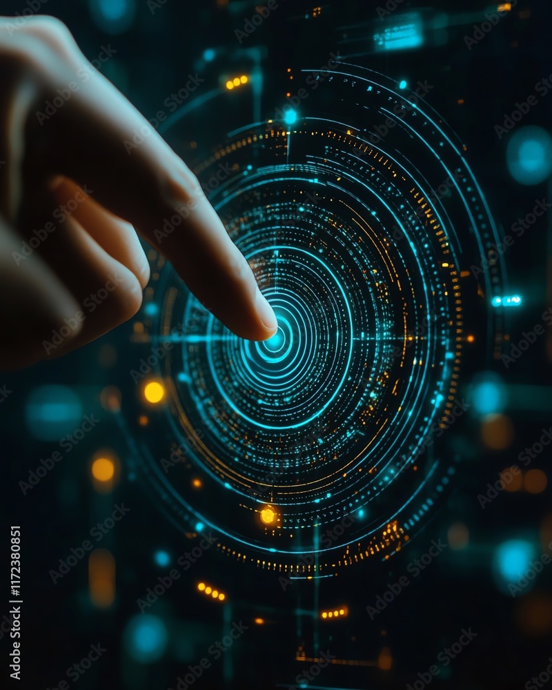 Poster a closeup view of a hand pointing at the center of a digital interface, emphasizing advanced touch t