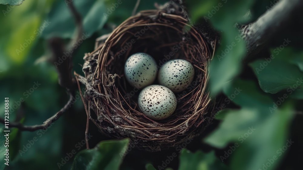 Poster quail eggs in a rustic nest surrounded by lush green foliage captured in a close-up top view with se