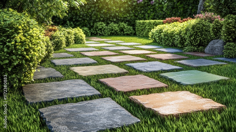 Wall mural Chic garden pathway featuring colorful nested pavers amidst vibrant green grass and lush hedges creating a serene outdoor space