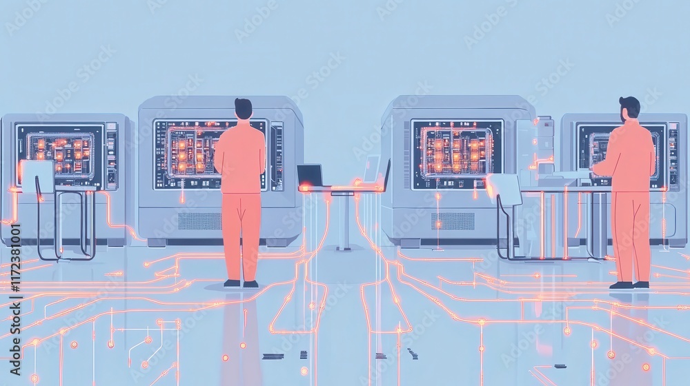 Aufkleber two technicians monitoring complex data center network system servers