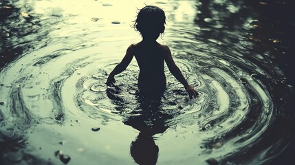 Child wading in dark water, creating ripples.