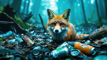 A curious fox investigates a cluttered forest floor littered with colorful cans and garbage, highlighting the contrasting beauty of nature and the impact of human waste on wildlife habitats.